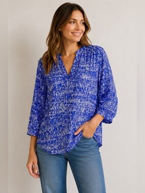 ELLIE KAI 100% Silk 3/4 Sleeve V-Neck Blouse Tunic Patterned Blue Womens 10